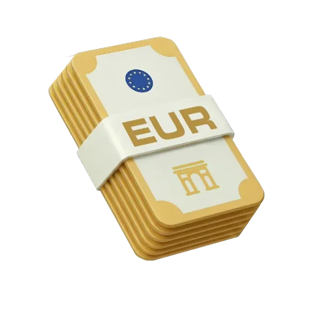 A 3D stack of euro notes in a gold paper band