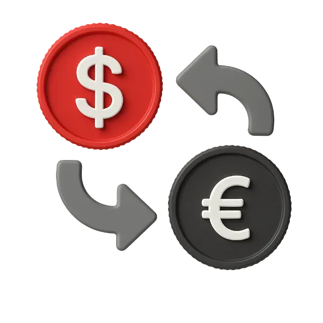 Red dollar and black euro coins with arrows between them