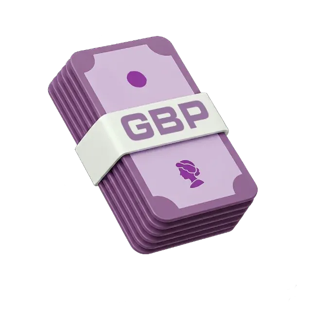 A 3D stack of purple pound notes in a white band