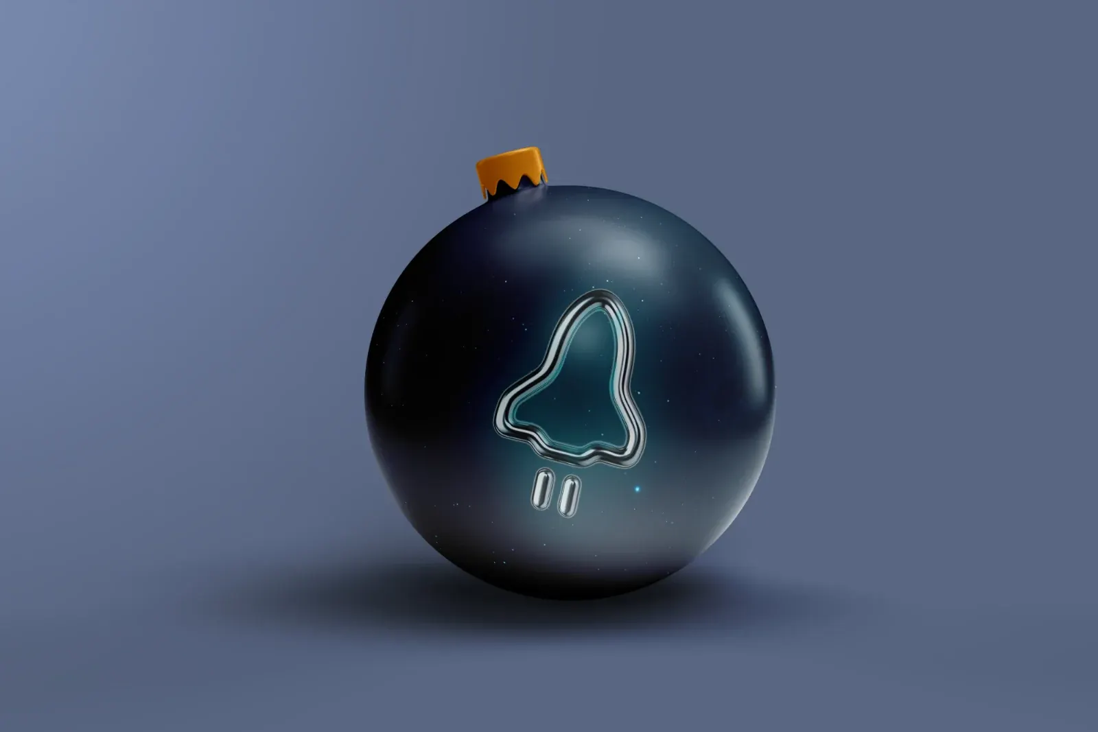 A dark Christmas bauble with the rocket mark on its side