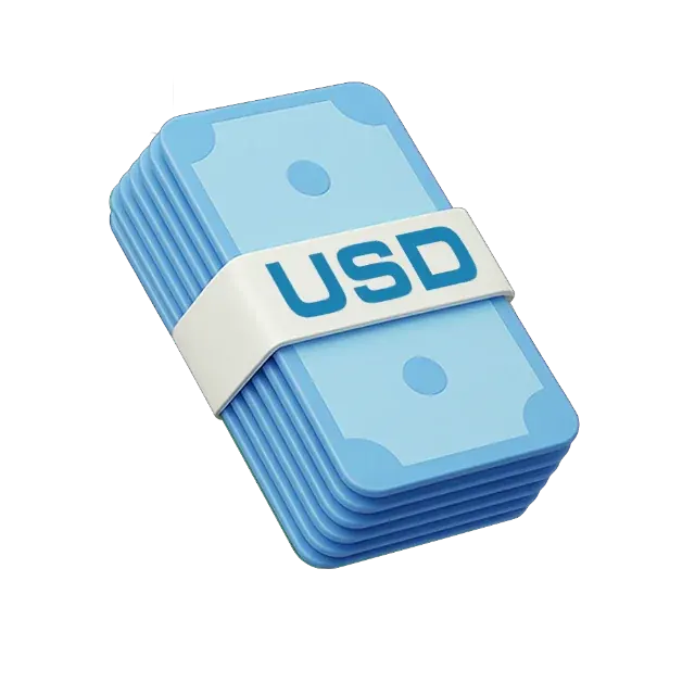 A 3D stack of blue dollar notes in a white band