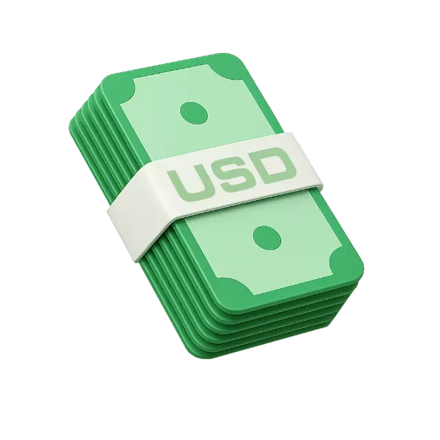 A 3D stack of green dollar notes in a white band
