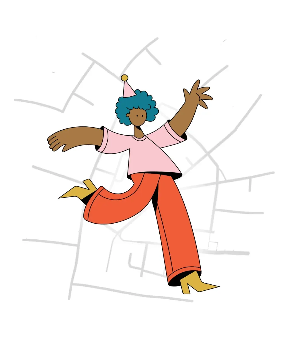 A woman in a party hat dancing over a street map