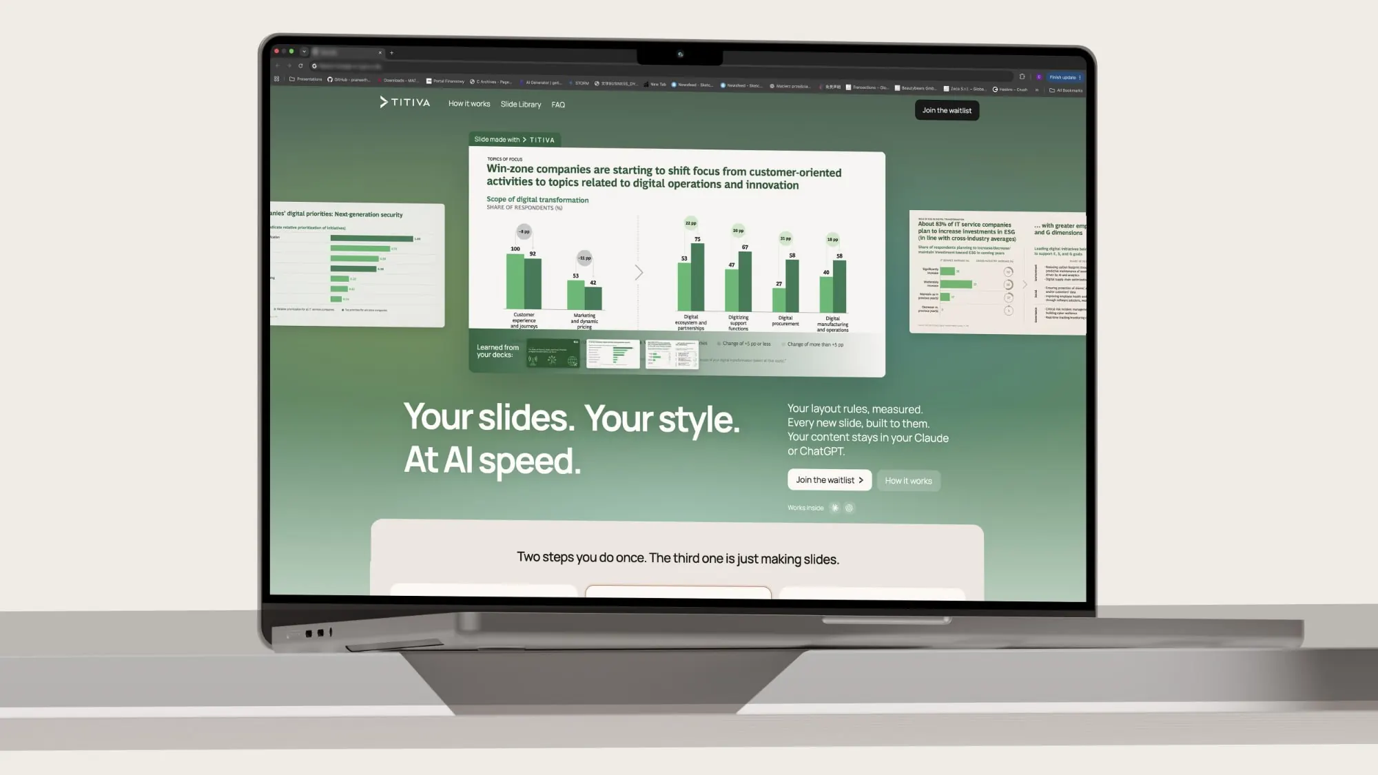 The TITIVA landing page on a laptop — a bar-chart slide marked “Slide made with TITIVA” above the headline “Your slides. Your style. At AI speed.” on a green gradient.