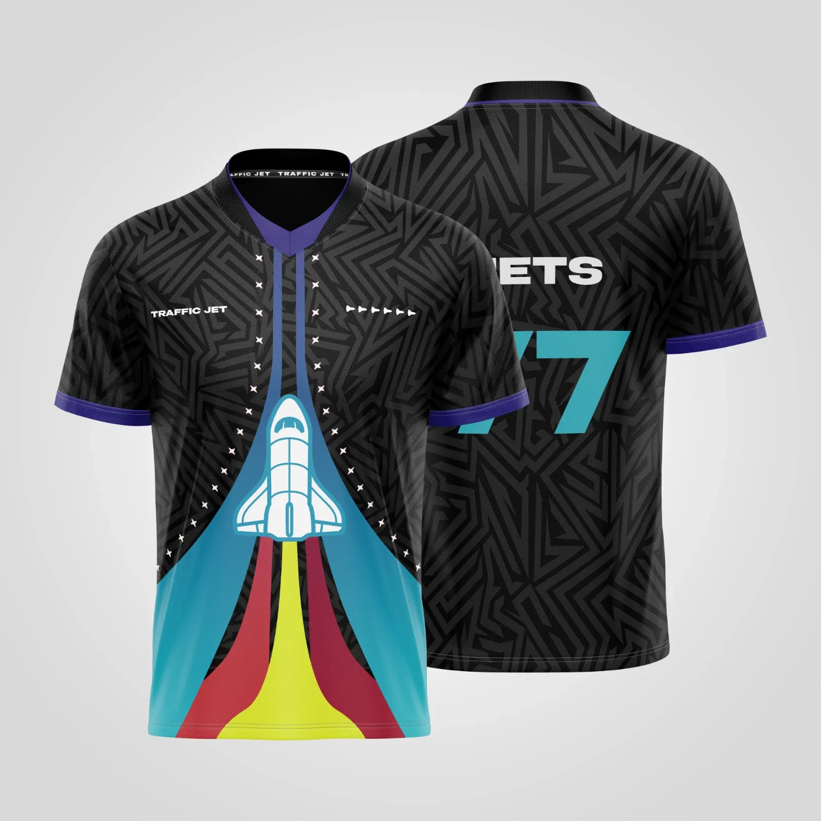 Front and back of the dark Traffic Jet esports jersey with a launching rocket