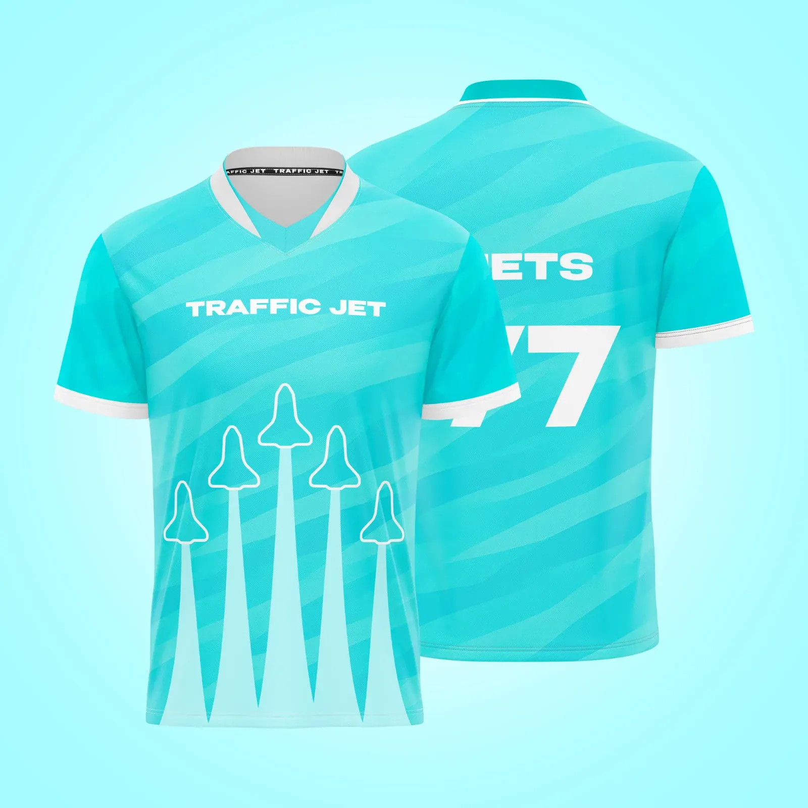 Front and back of the light teal Traffic Jet esports jersey, number 7