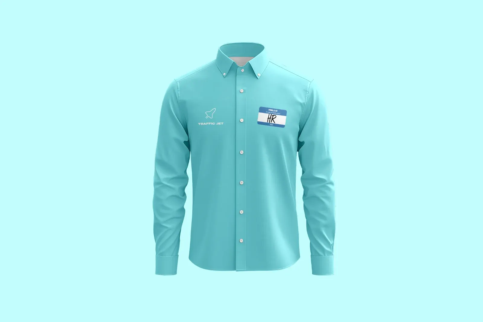 A teal shirt with the Traffic Jet badge on the chest