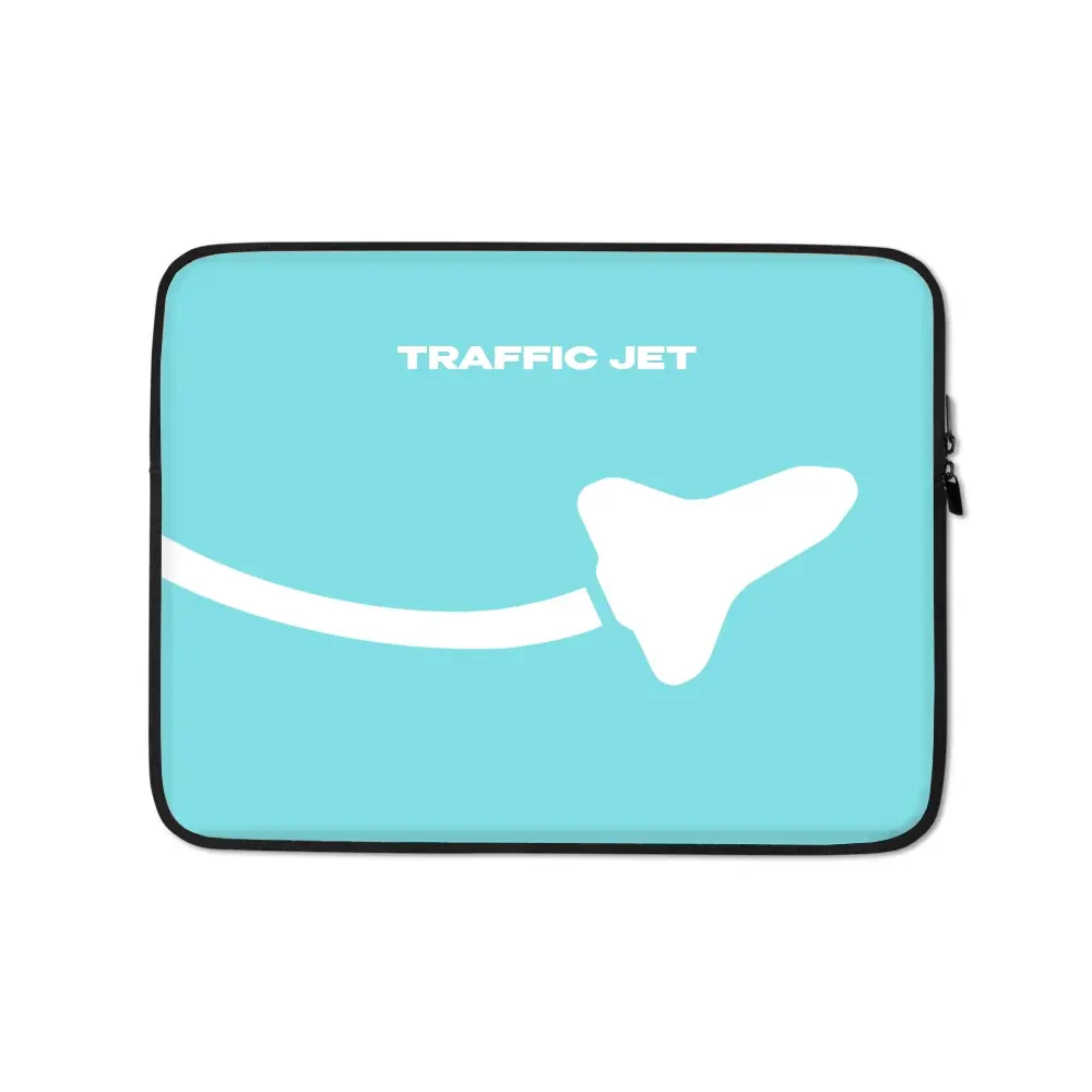 A teal laptop sleeve with the Traffic Jet jet trail