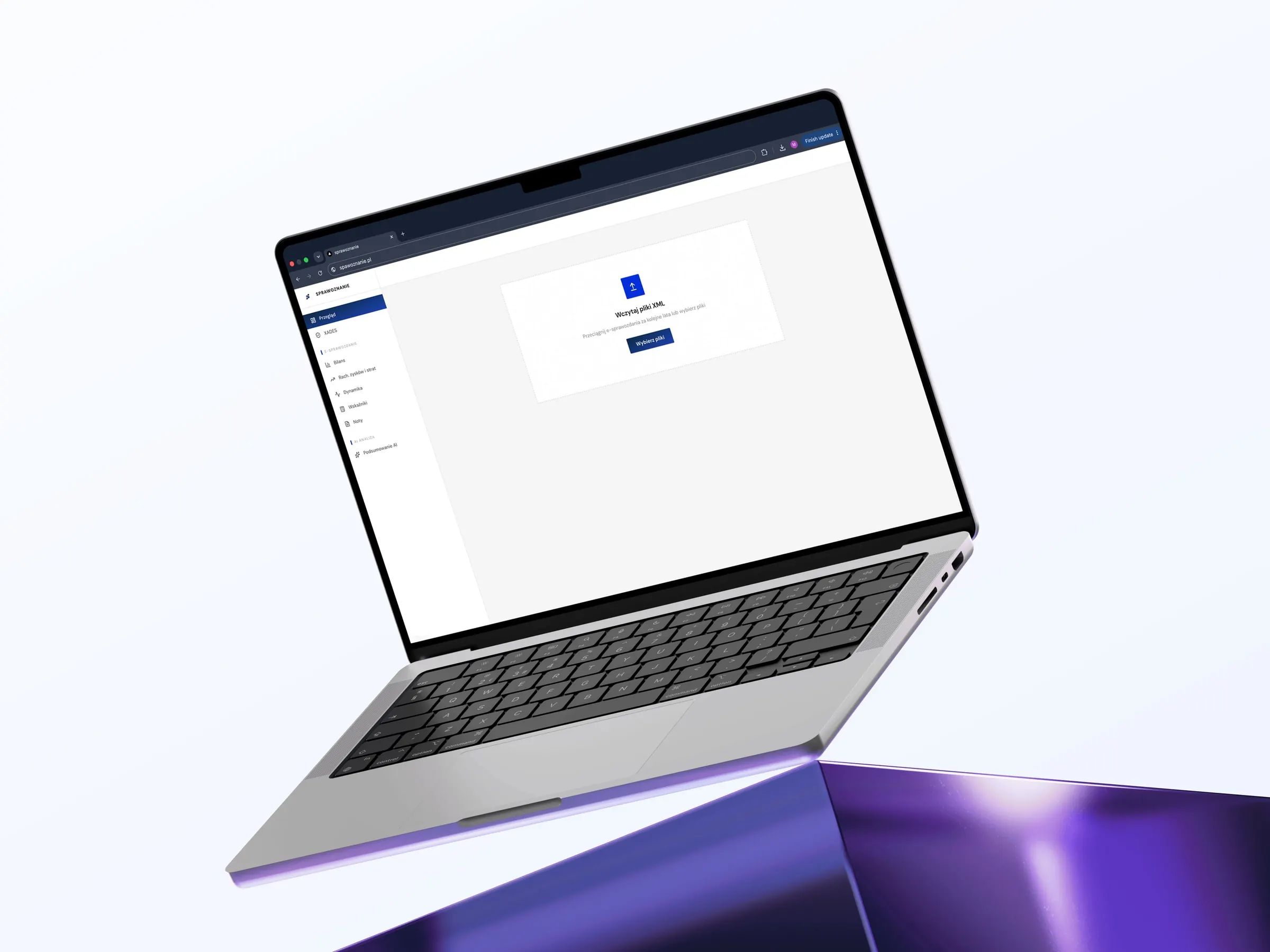 The Sprawoznanie web app on a laptop floating above a violet glass block, its screen asking to upload XML financial statements