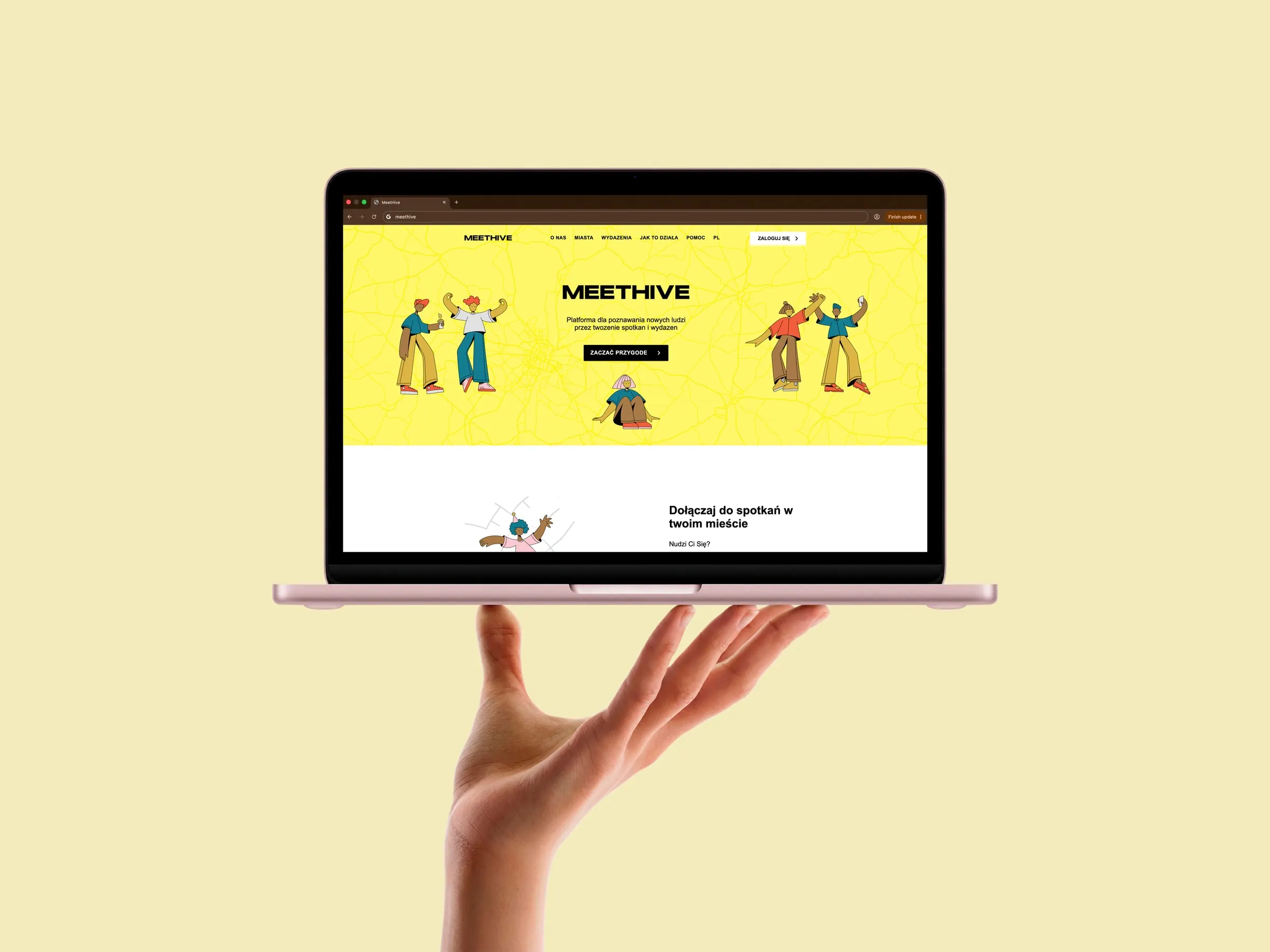 The MeetHive website on a laptop held up on one hand — a yellow home page with the MEETHIVE wordmark and illustrated friends